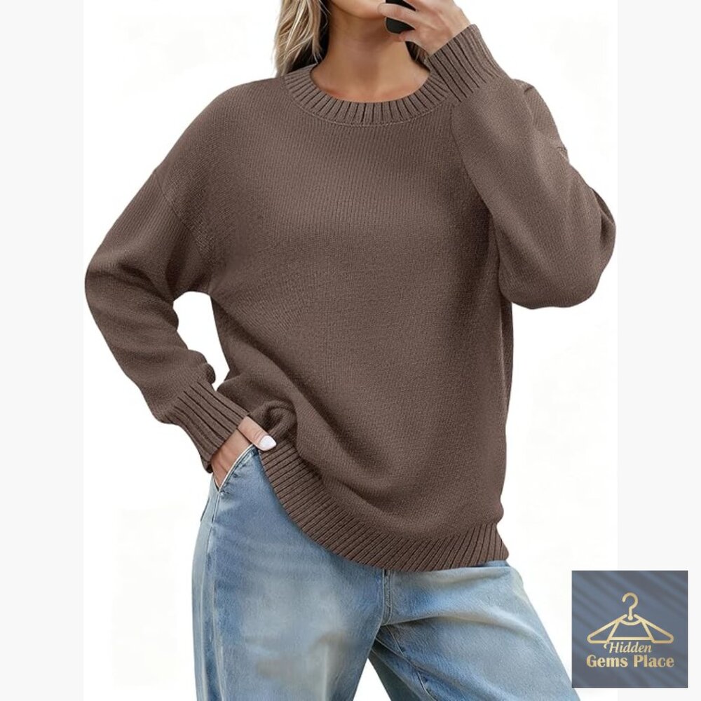 Long Sleeve Ribbed Pullover Sweater Loose Fit Crewneck Knit Top